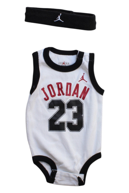 A White Sleeveless Bodysuits from Air Jordan in size 3-6M for boy. (Front View)