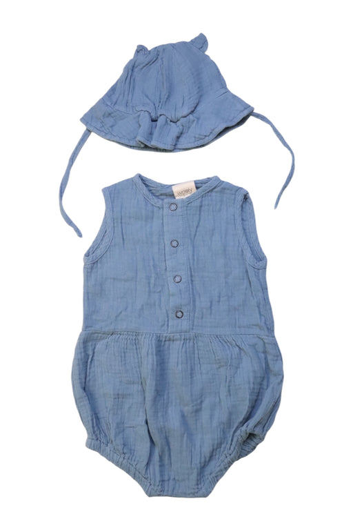 A Blue Sleeveless Rompers from Wooly Organic in size 3-6M for girl. (Front View)