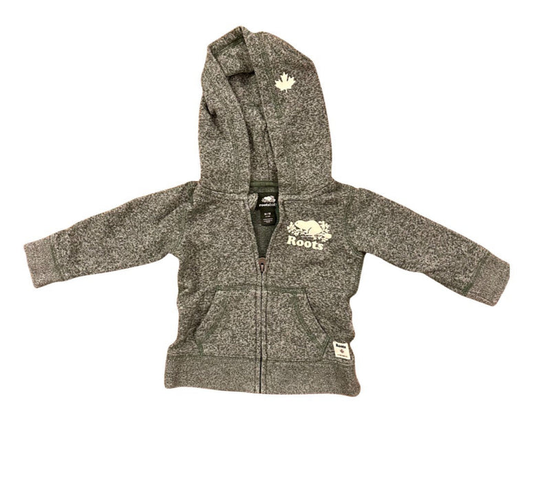 A Grey Zippered Sweatshirts from Roots in size 6-12M for neutral. (Front View)