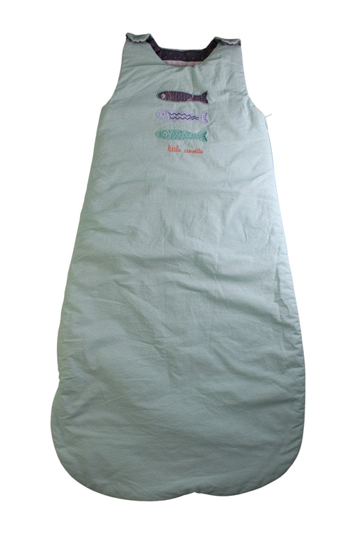 A Green Sleepsacs from Little Crevette in size 6-12M for neutral. (Front View)