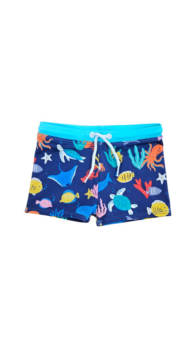 A Blue Swim Shorts from Boden in size 6-12M for boy. (Front View)