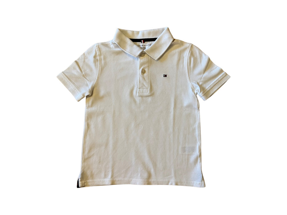 A White Short Sleeve Polos from Tommy Hilfiger in size 5T for boy. (Front View)