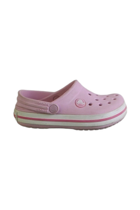 A Pink Slip Ons from Crocs in size 3T for girl. (Front View)
