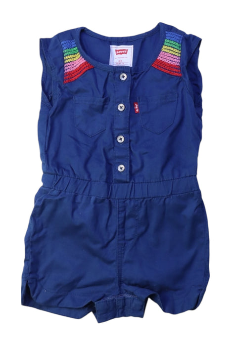 A Blue Sleeveless Rompers from Levi's in size 12-18M for girl. (Front View)