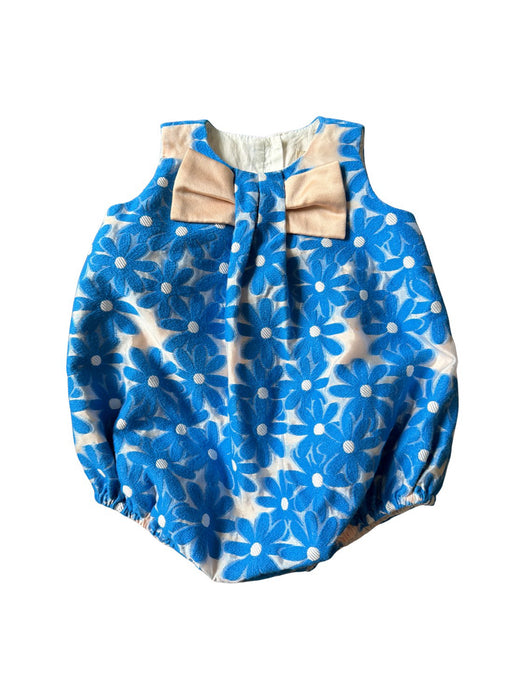 A Blue Sleeveless Rompers from Hucklebones in size 3-6M for girl. (Front View)
