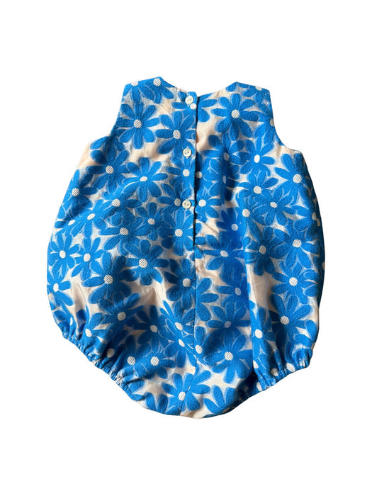 A Blue Sleeveless Rompers from Hucklebones in size 3-6M for girl. (Back View)