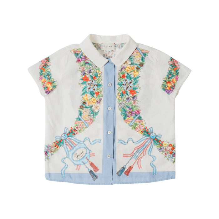 A White Short Sleeve Shirts from Gucci in size 5T for girl. (Front View)