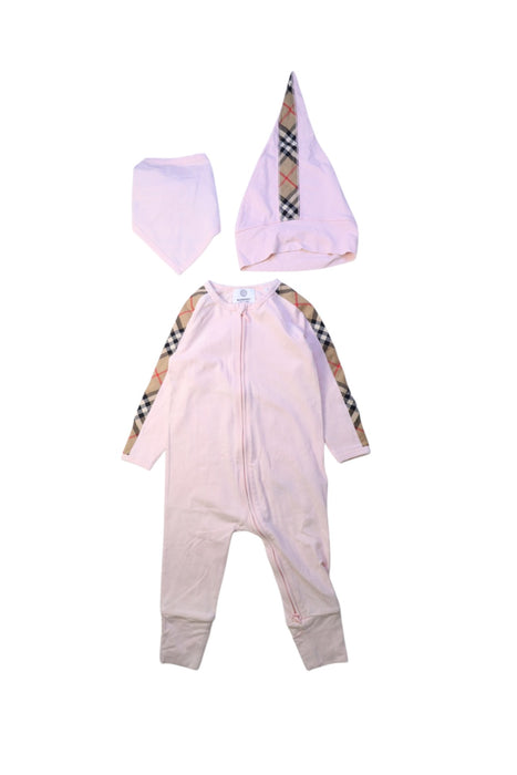 A Pink Onesies from Burberry in size 6-12M for girl. (Front View)