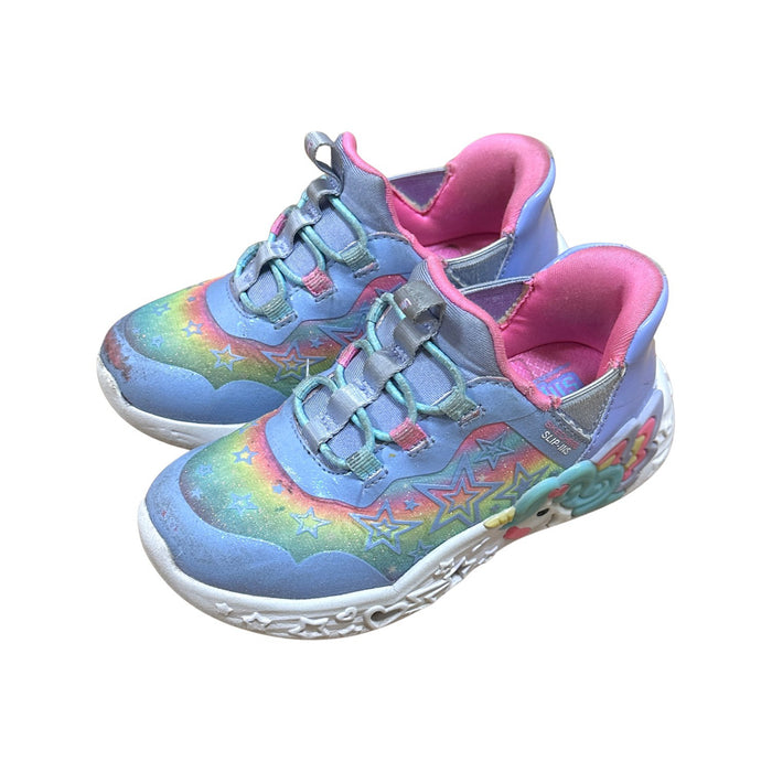 A Blue Sneakers from Skechers in size 4T for girl. (Front View)