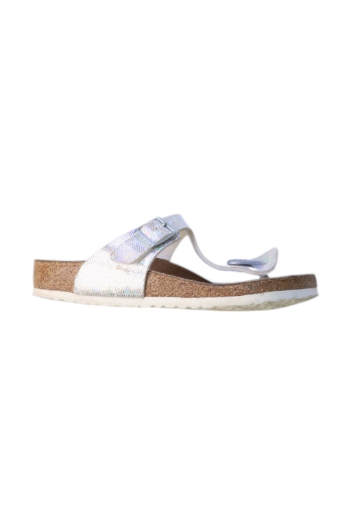 A Silver Sandals from Birkenstock in size 6T for girl. (Front View)