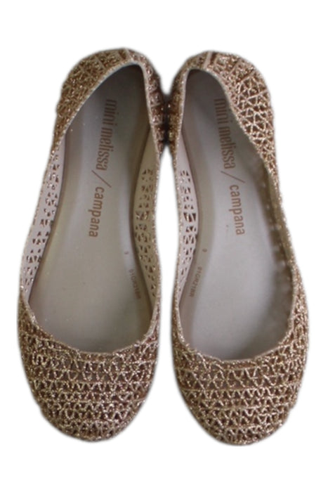 A Gold Flats from Mini Melissa in size 6T for girl. (Back View)