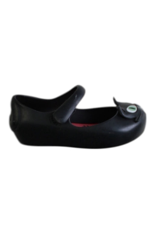 A Black Flats from Mini Melissa in size 4T for girl. (Front View)