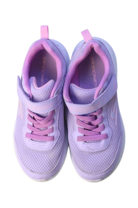 A Purple Sneakers from Skechers in size 7Y for girl. (Back View)