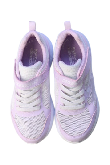 A Purple Sneakers from Skechers in size 7Y for girl. (Back View)