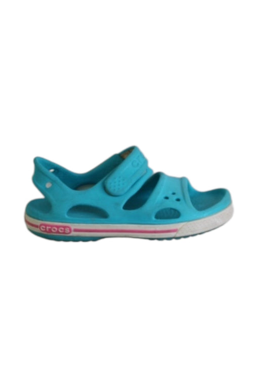 A Blue Sandals from Crocs in size 4T for girl. (Front View)