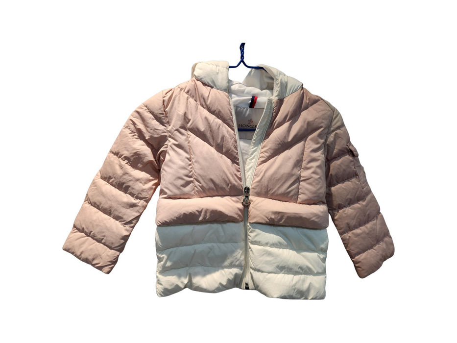 A Pink Puffer/Quilted Jackets from Moncler in size 3T for girl. (Front View)
