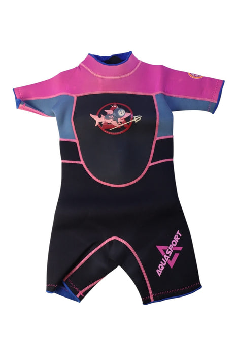 A Black Wetsuits from Aquasport in size 4T for girl. (Front View)