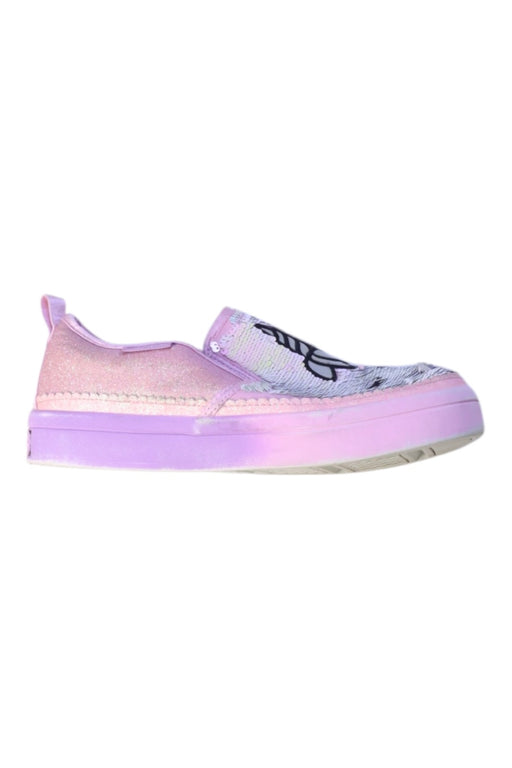A Pink Slip Ons from Skechers in size 7Y for girl. (Front View)