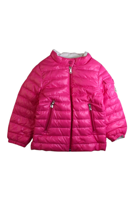 A Pink Puffer/Quilted Jackets from Moncler in size 2T for girl. (Front View)