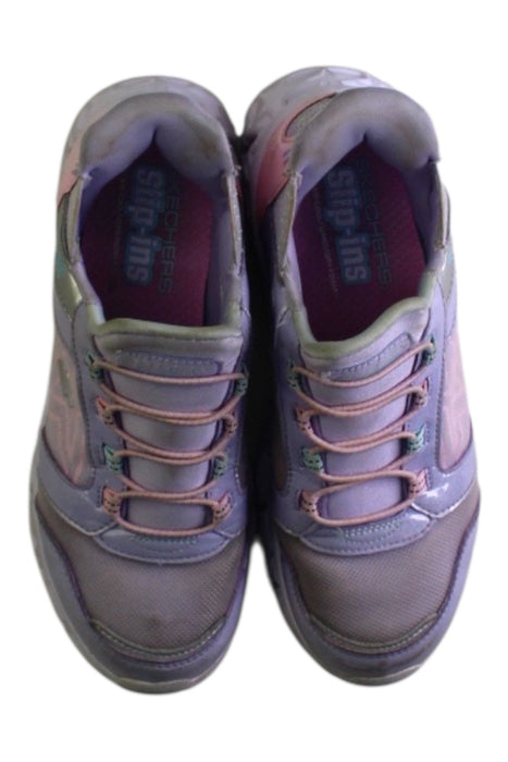 A Purple Sneakers from Skechers in size 9Y for girl. (Back View)