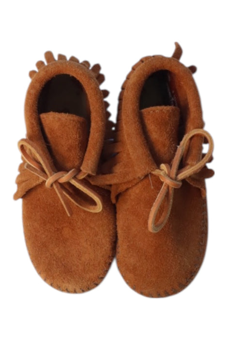 A Brown Loafers & Moccasins from Minnetonka in size 18-24M for boy. (Back View)
