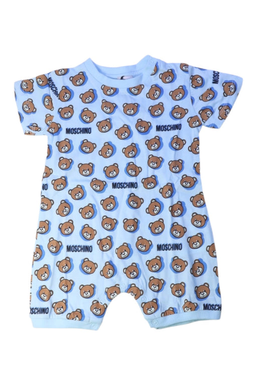 A Blue Short Sleeve Rompers from Moschino in size 12-18M for neutral. (Front View)