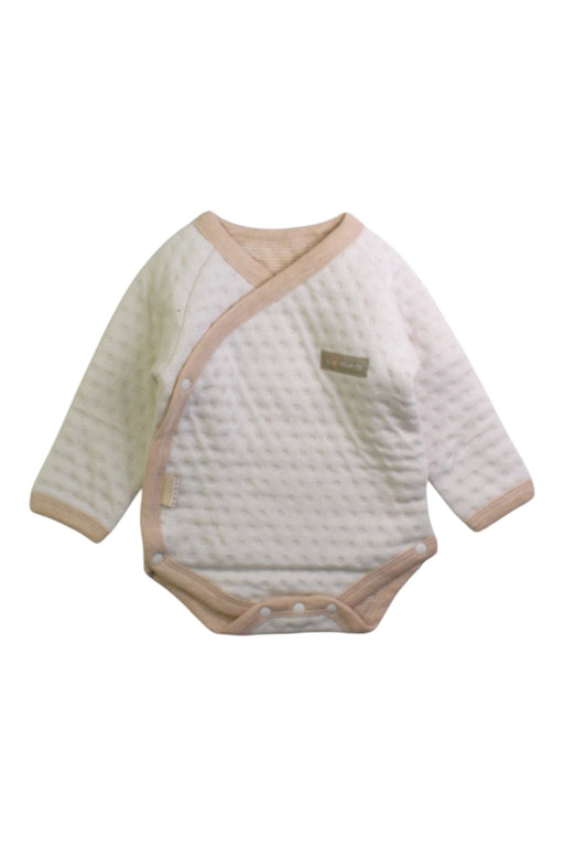A White Long Sleeve Bodysuits from Natures Purest in size 3-6M for neutral. (Front View)