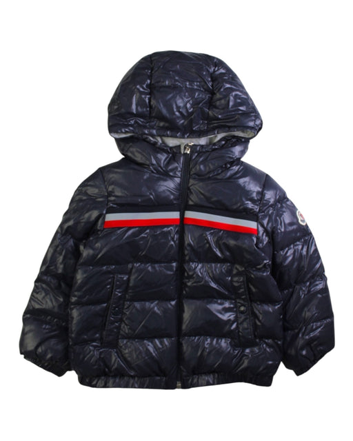 A Navy Puffer/Quilted Jackets from Moncler in size 2T for neutral. (Front View)