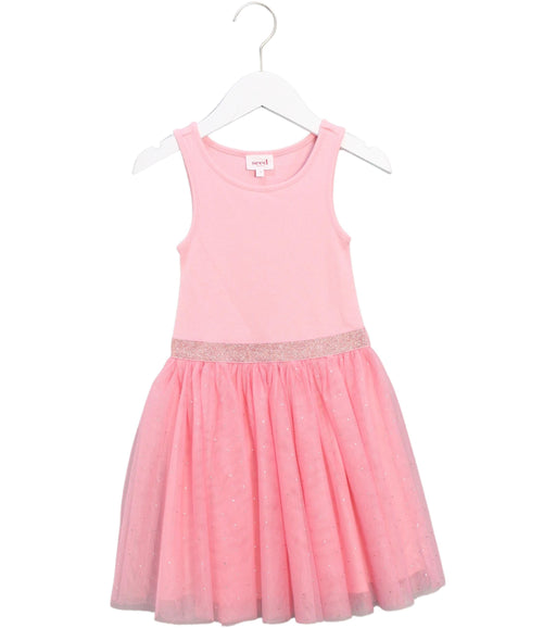A Pink Sleeveless Dresses from Seed in size 5T for girl. (Front View)