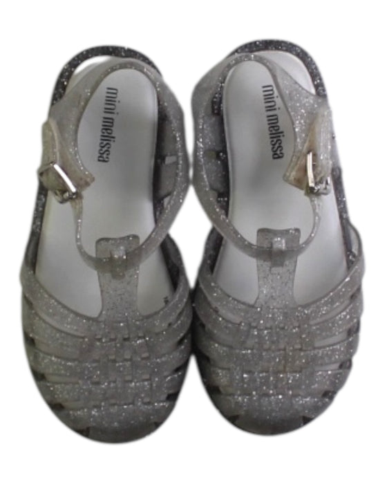 A Silver Sandals from Mini Melissa in size 4T for girl. (Back View)