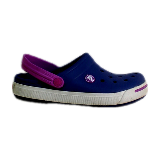 A Blue Slip Ons from Crocs in size 4T for girl. (Front View)