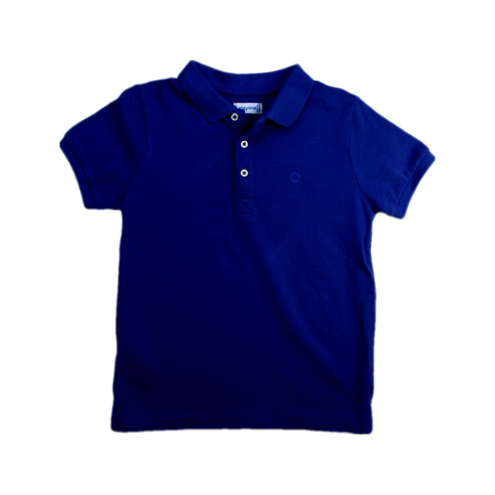 A Navy Short Sleeve Polos from Mayoral in size 5T for boy. (Front View)