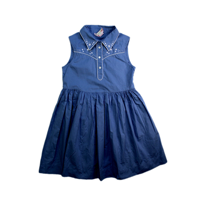 A Blue Sleeveless Dresses from Bonpoint in size 6T for girl. (Front View)