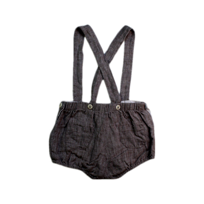 A Brown Overall Shorts from Nanos in size 6-12M for boy. (Back View)