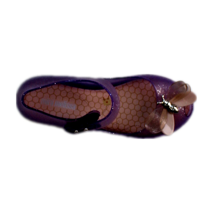 A Purple Flats from Mini Melissa in size 6T for girl. (Front View)