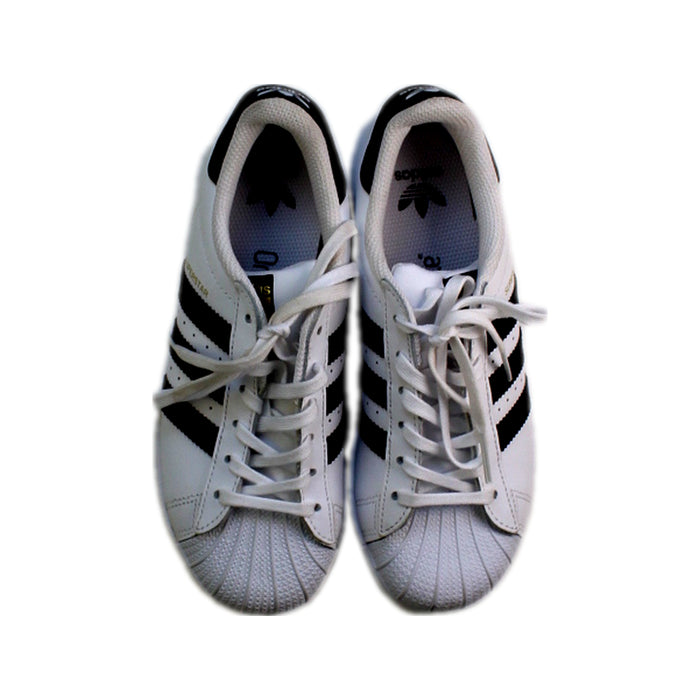 A White Sneakers from Adidas in size 10Y for girl. (Back View)