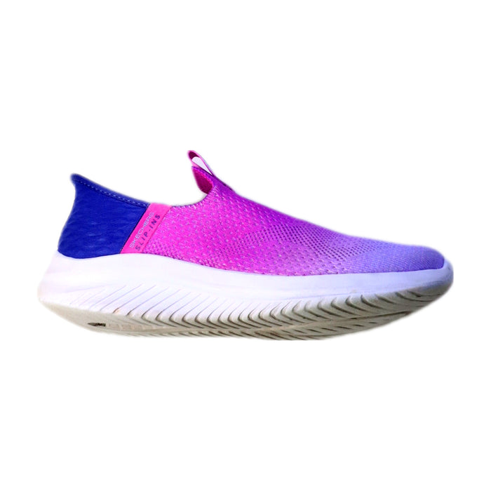 A Pink Slip Ons from Skechers in size 7Y for girl. (Front View)