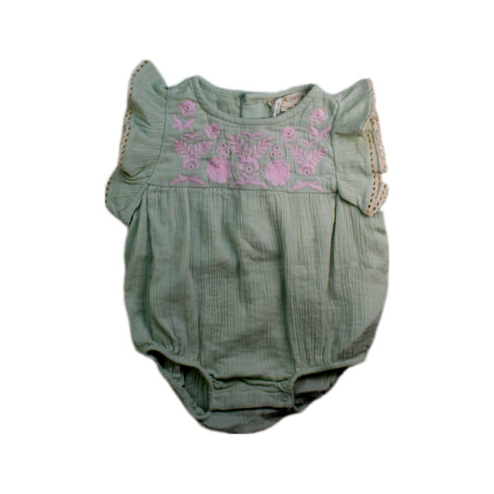A Green Sleeveless Rompers from Louise Misha in size 6-12M for girl. (Front View)