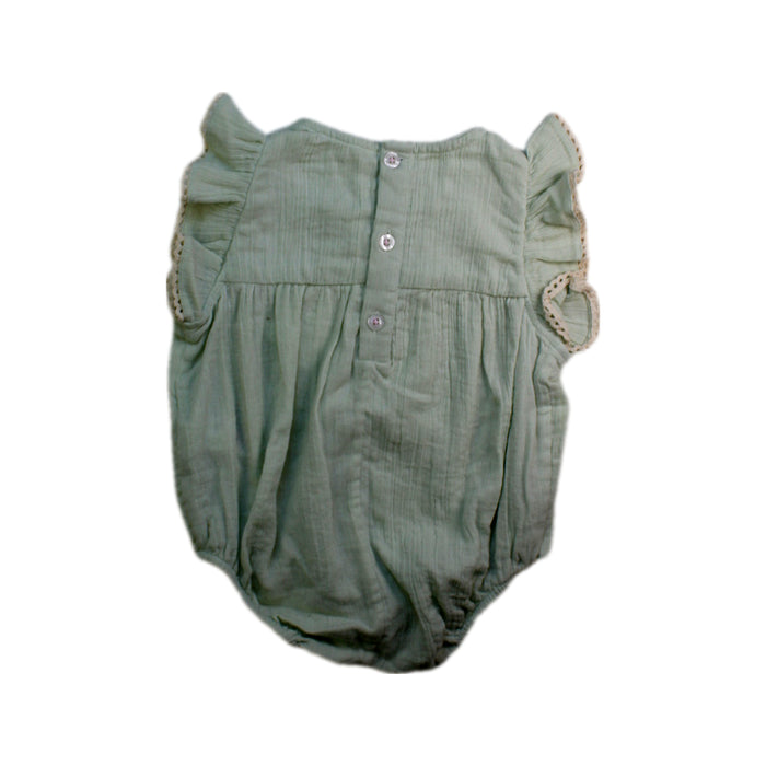 A Green Sleeveless Rompers from Louise Misha in size 6-12M for girl. (Back View)