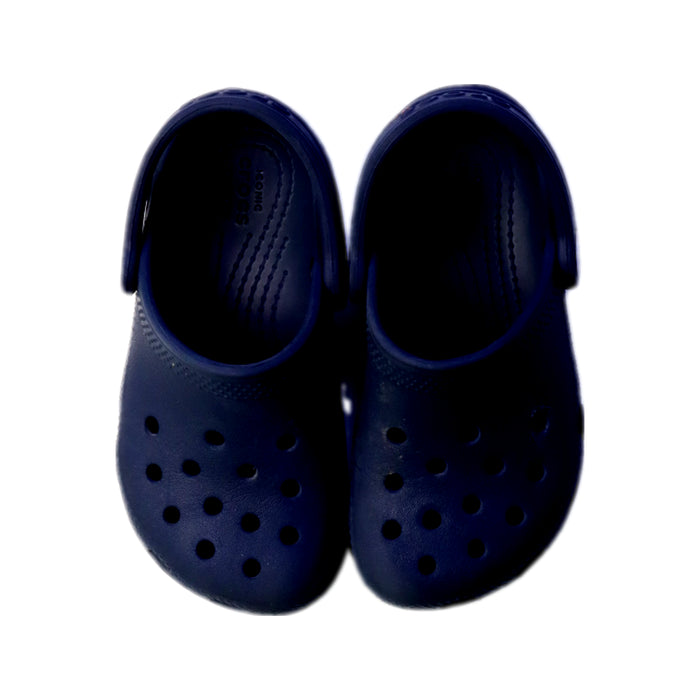 A Navy Slip Ons from Crocs in size 3T for neutral. (Back View)