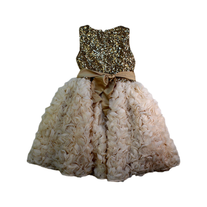 A Gold Sleeveless Dresses from Monsoon in size 4T for girl. (Back View)