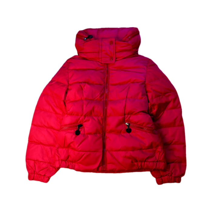 A Red Puffer/Quilted Jackets from Moncler in size 6T for girl. (Front View)