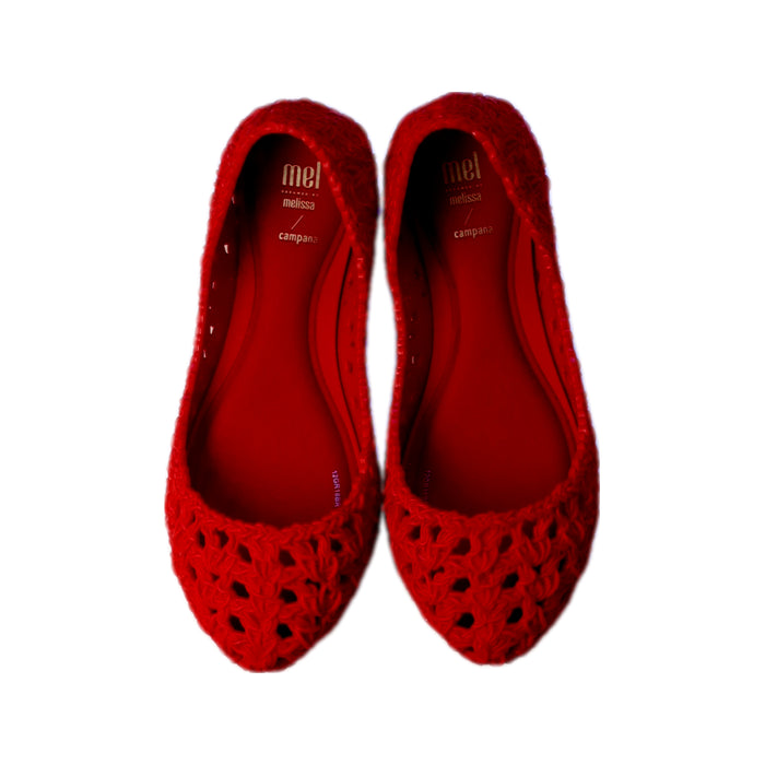 A Red Flats from Mini Melissa Campana in size 7Y for girl. (Back View)