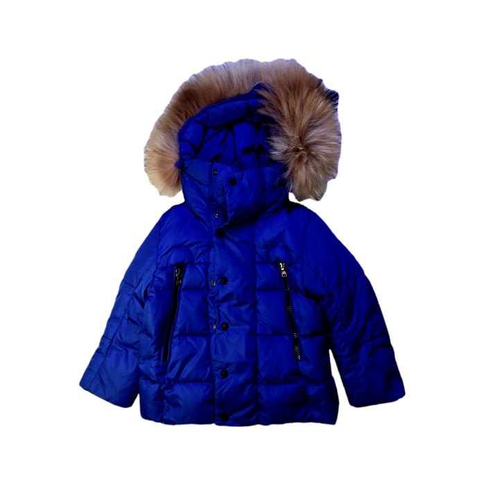A Blue Puffer/Quilted Jackets from Moncler in size 2T for neutral. (Front View)