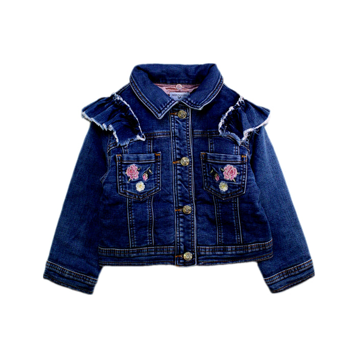 A Navy Lightweight Jackets from Monnalisa in size 4T for girl. (Front View)