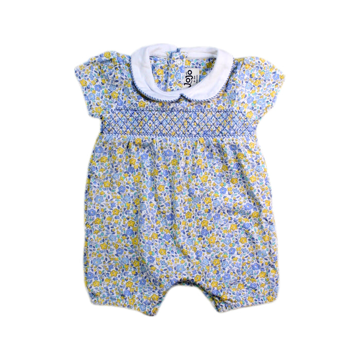 A Blue Short Sleeve Rompers from Jojo Maman Bébé in size 0-3M for girl. (Front View)