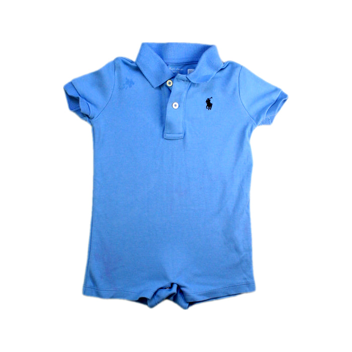 A Blue Short Sleeve Rompers from Ralph Lauren in size 6-12M for boy. (Front View)