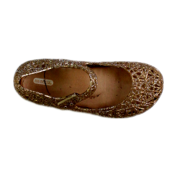 A Gold Flats from Mini Melissa in size 7Y for girl. (Front View)