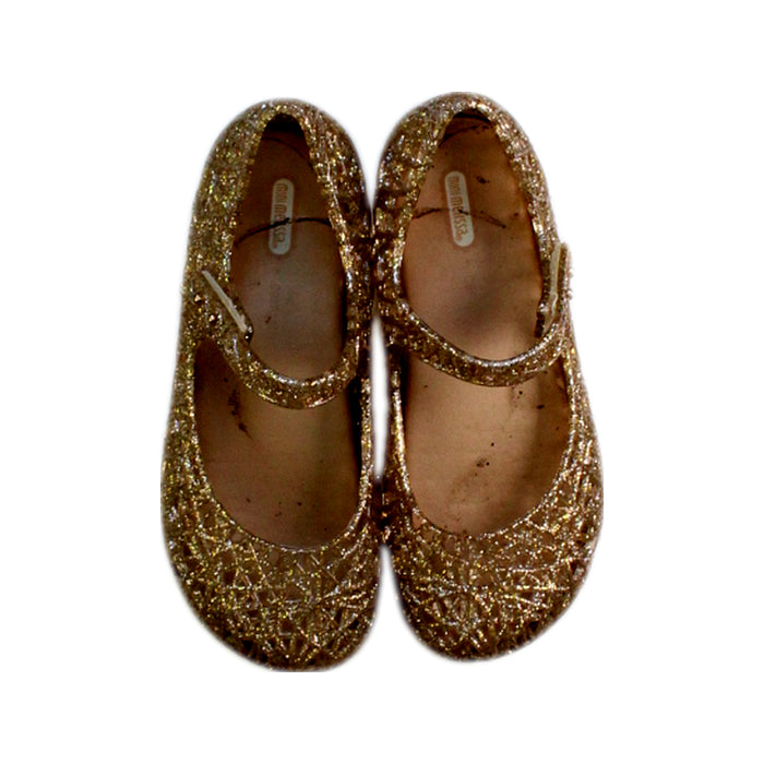 A Gold Flats from Mini Melissa in size 7Y for girl. (Back View)