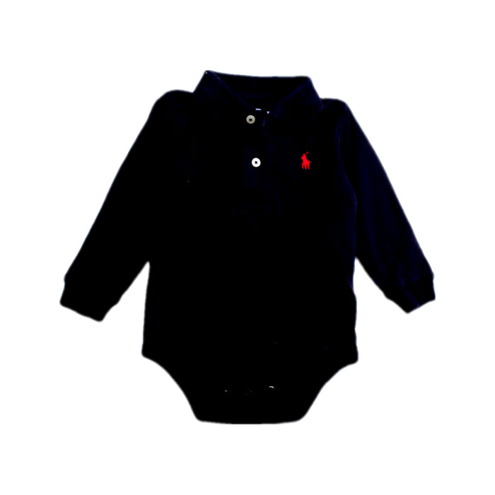 A Navy Long Sleeve Bodysuits from Ralph Lauren in size 6-12M for boy. (Front View)